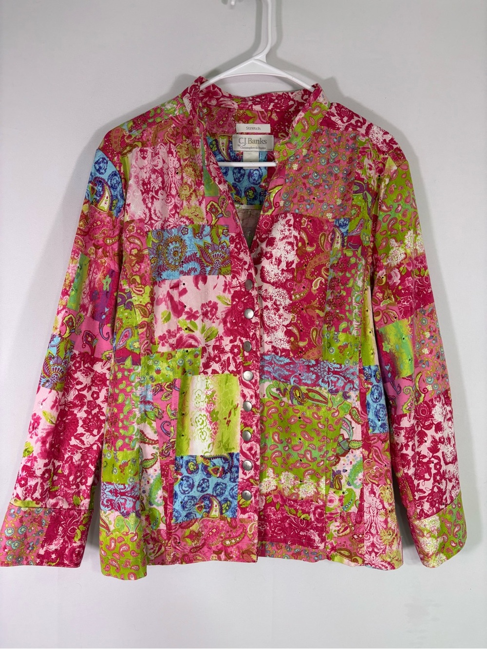CJ Banks Patchwork Paisley Jacket Pink Green Boho Snap Front Size XL